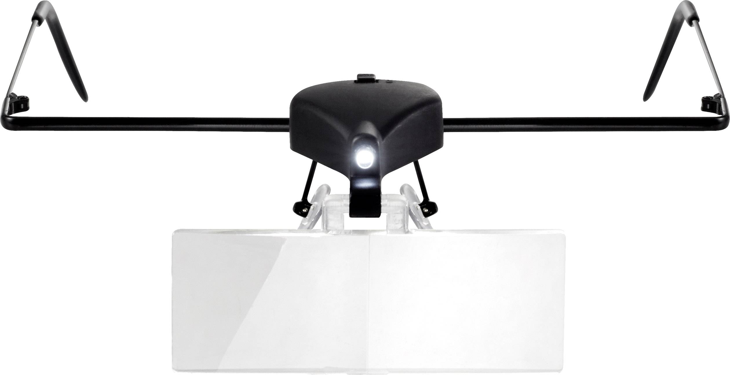 Černý dron s LED světlem, roztaženými vrtulemi a bílým boxem zespodu, focený z čelního pohledu.