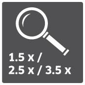 Symbol zvětšení ve tvaru lupy s čísly pod ním: „1,5× / 2,5× / 3,5×"