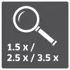 Symbol zvětšení ve tvaru lupy s čísly pod ním: „1,5× / 2,5× / 3,5×"