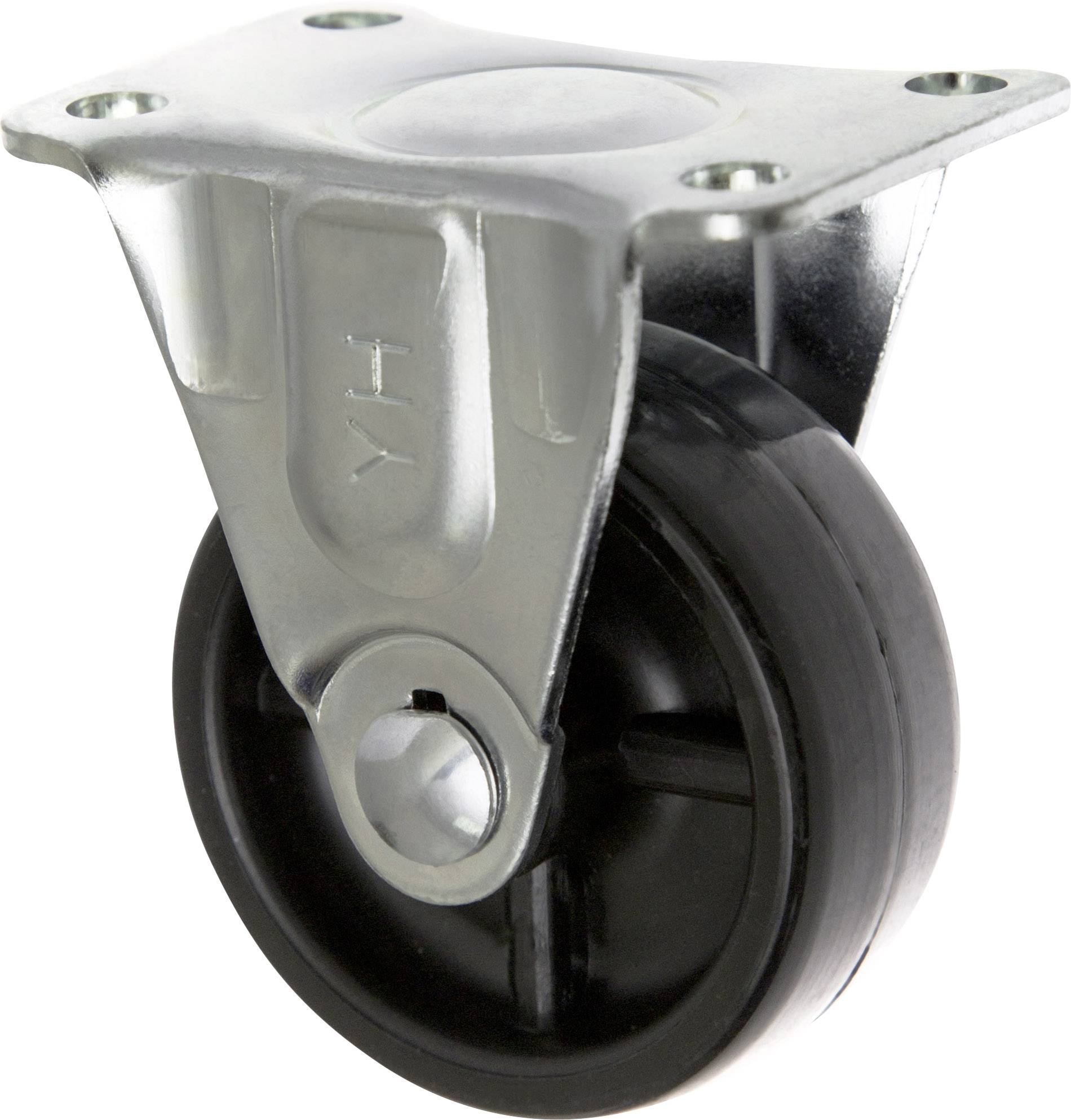 Černé kolečko z kovu a plastu, určené pro nábytek nebo zařízení, umožňuje snadný pohyb a flexibilitu.