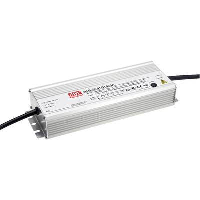 Stříbrný LED napájecí zdroj s nápisem 'HLG-320H-C1050A' od značky 'MW'. Na zdroji jsou vytištěny technické specifikace a bezpečnostní štítky.
