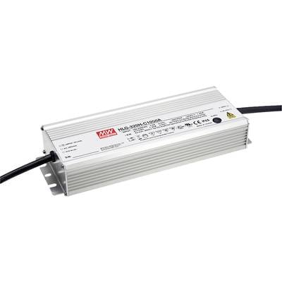 Stříbrný napájecí zdroj s nápisem 'HLG-320H-C1050A', s několika konektory a symboly, včetně značky CE a výstražného symbolu.