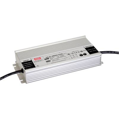 LED driver od společnosti Mean Well, model HLG-480H-54A, s hliníkovým pouzdrem a kabelovými přípoji. Vhodný pro průmyslové aplikace.