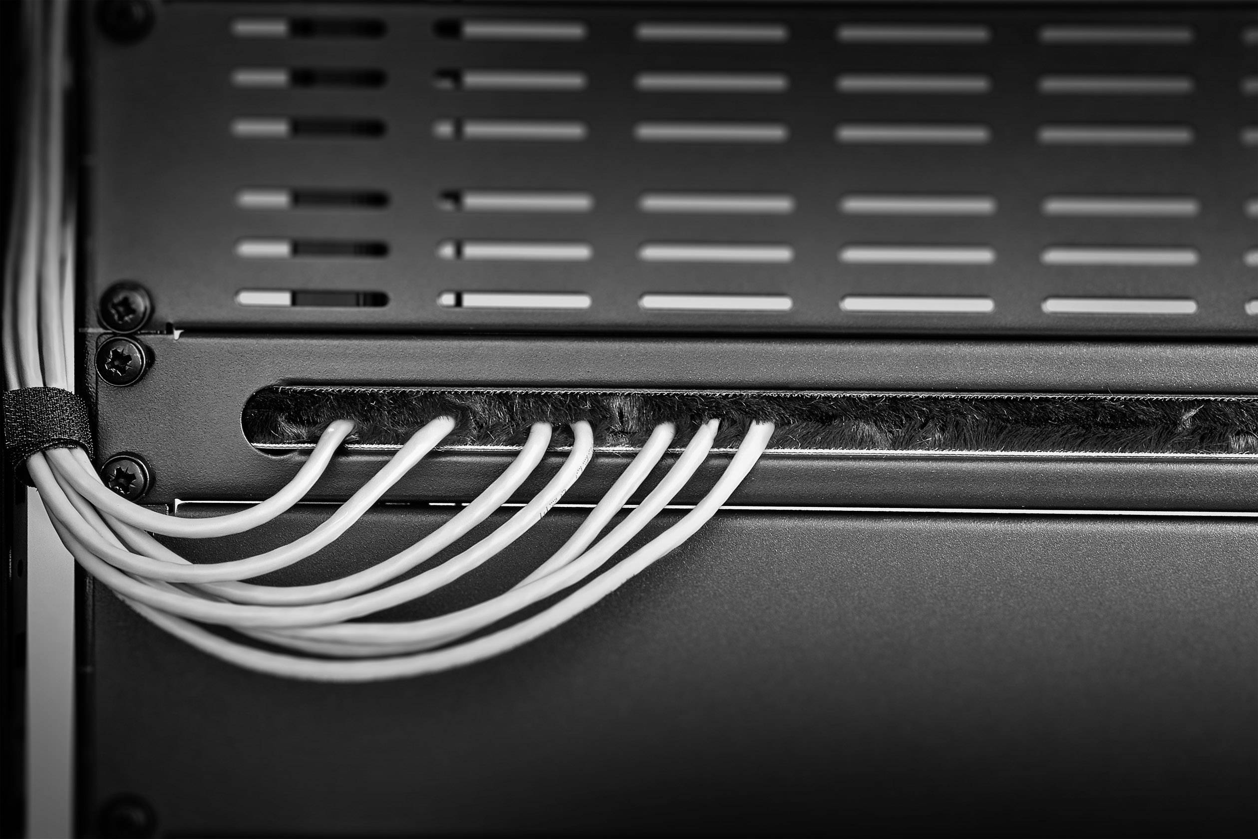 Černobílá fotografie ethernetových kabelů vedoucích do serverové skříně. Kabely jsou pečlivě seskupeny a vedeny doleva.