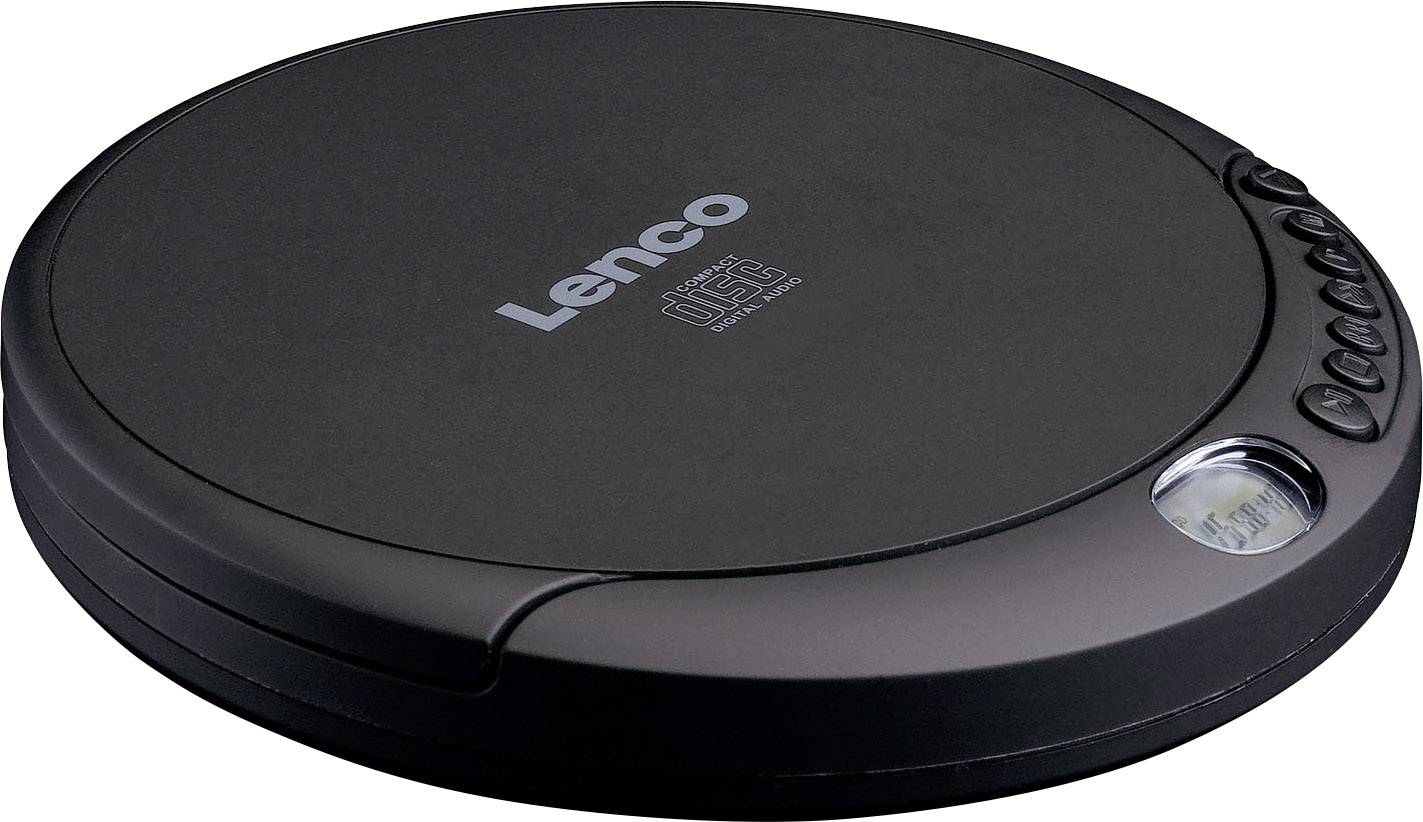 Přenosný CD přehrávač značky Lenco s elegantním, kulatým designem a ovládacími tlačítky na pravé straně.