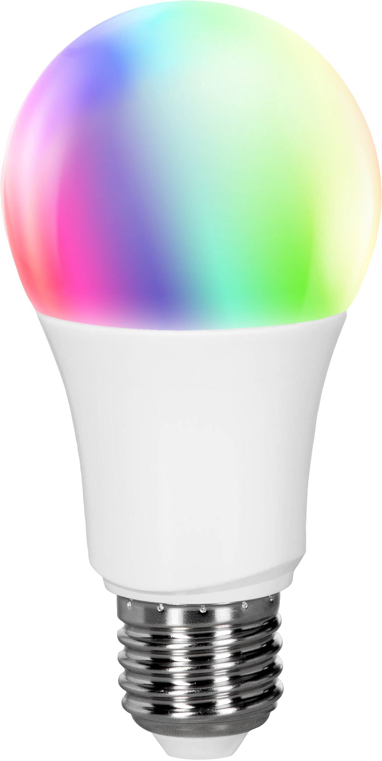 LED žárovka s bílou základnou ukazuje zářivé barevné spektrum od modré, zelené, žluté až po růžovou na skleněné kupoli.