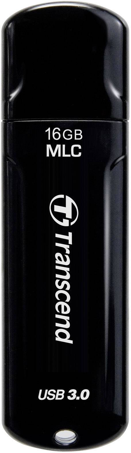 Černý USB flash disk značky Transcend s kapacitou 16 GB, podporující rozhraní USB 3.0, vhodný pro různá úložná řešení.
