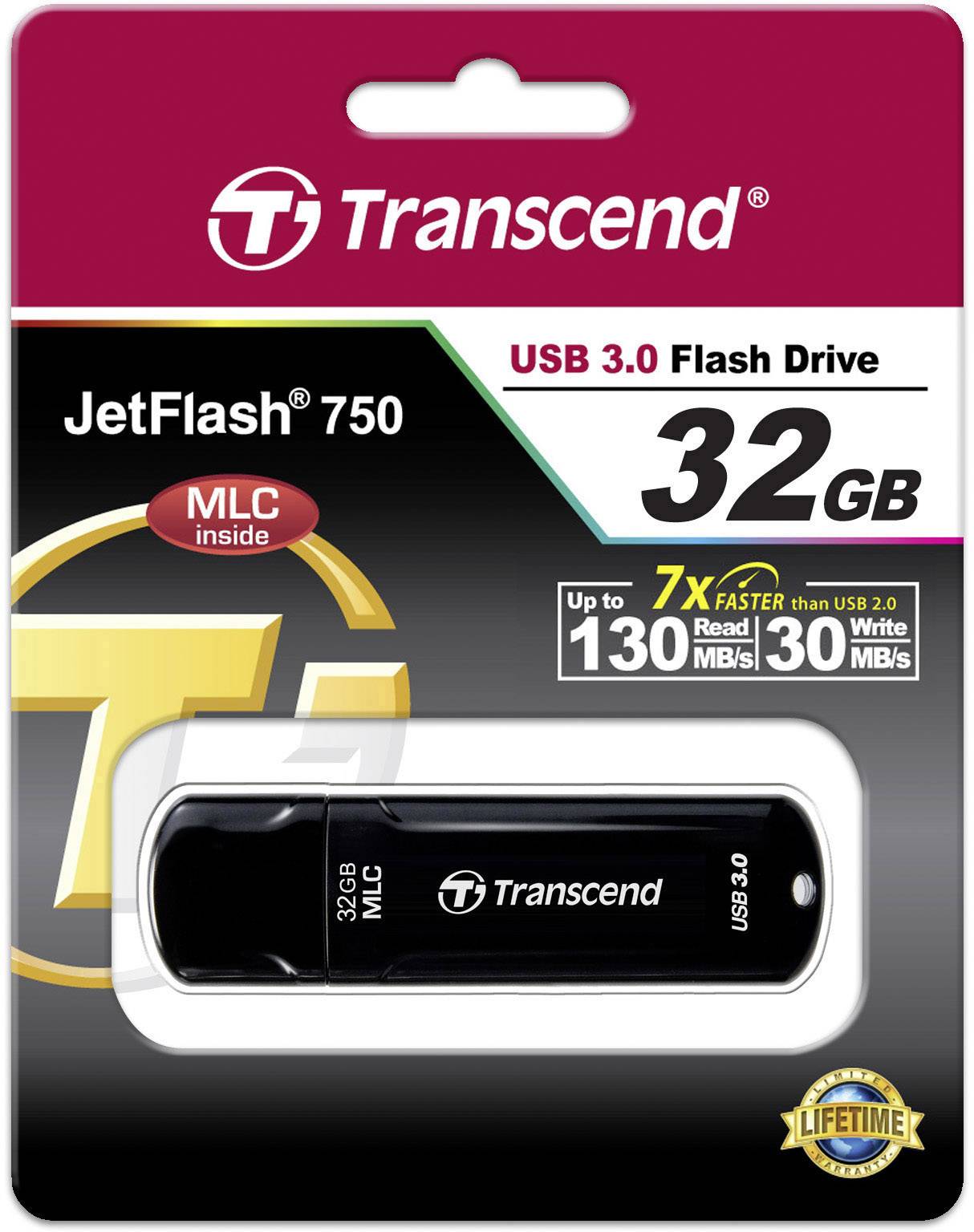 Balení flash disku Transcend JetFlash 750 USB 3.0, 32 GB. Zdůrazňuje vyšší rychlost čtení ve srovnání s USB 2.0.