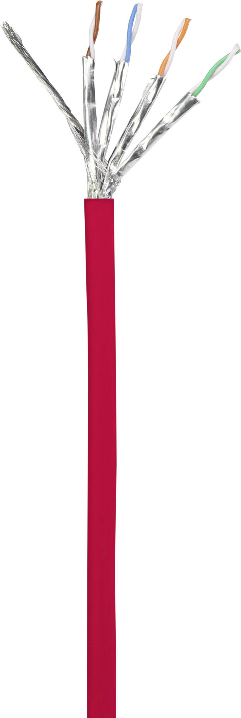 Červený stíněný kabel s několika odkrytými barevnými vodiči.