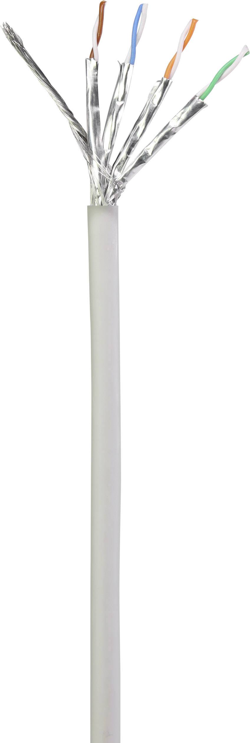 Otevřený síťový kabel se čtyřmi páry drátů, každý jednotlivě zabalen do kovové fólie, odhaluje jeho vnitřní strukturu.