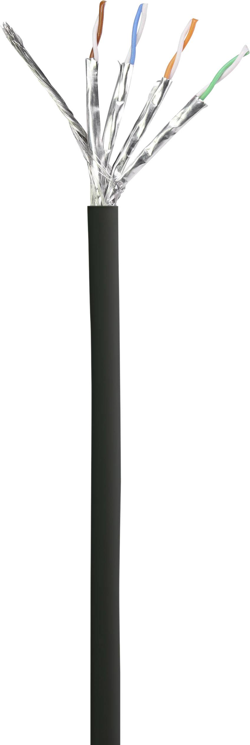 Detailní záběr otevřeného ethernetového kabelu s barevnými, párově kroucenými vodiči a stříbrným stíněním.