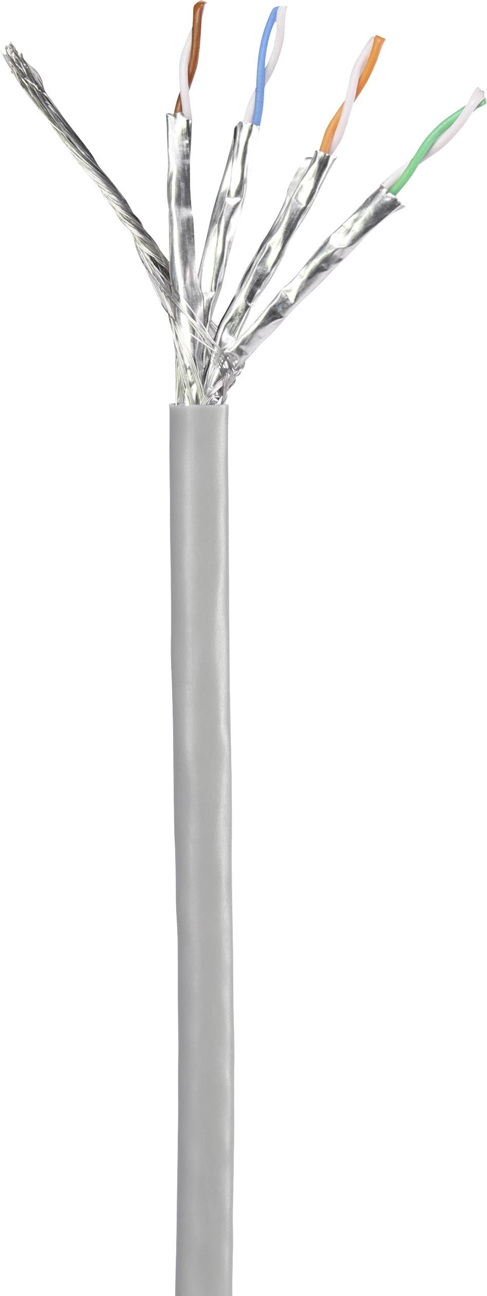 Stíněný síťový kabel se čtyřmi od sebe oddělenými barevně označenými páry vodičů, typický pro ethernetové zapojení.