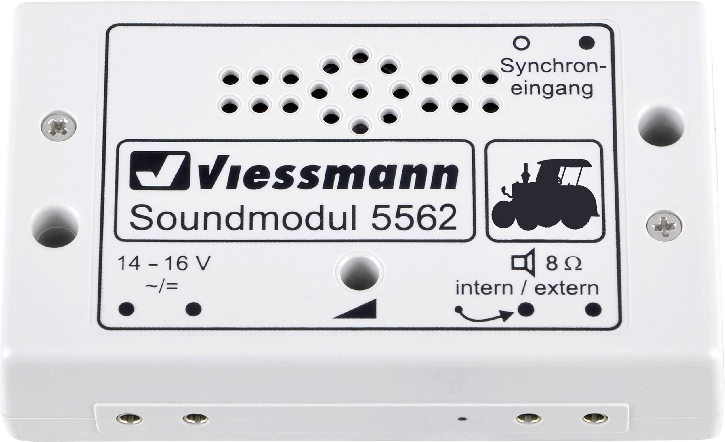 Obdélníkový zvukový modul s nápisem 'Viessmann Soundmodul 5562' zobrazuje symboly pro synchronizační vstup a nastavení reproduktoru.