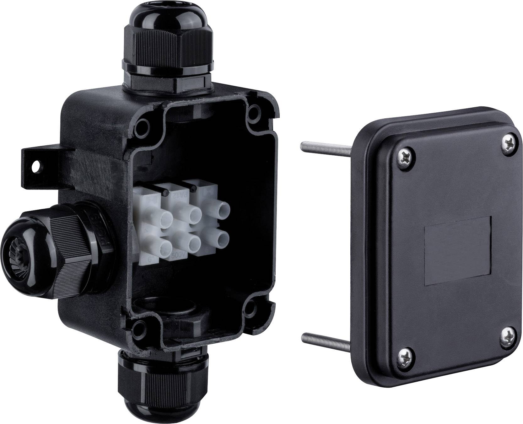 'Černá elektrická zásuvka s otevřeným víčkem, zobrazující bílé kontakty uvnitř a odnímatelný kryt se šroubky.'