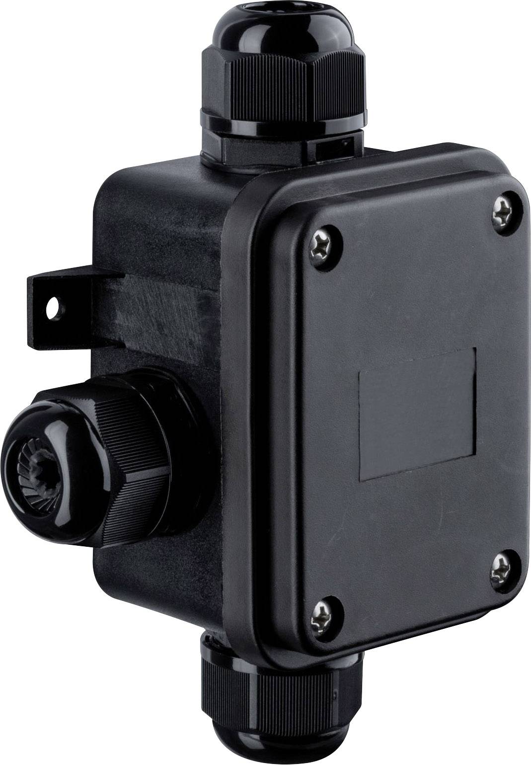 Černá, obdélníková rozvodná krabice se dvěma kabelovými vývodkami na jedné straně, vhodná pro elektrické instalace.