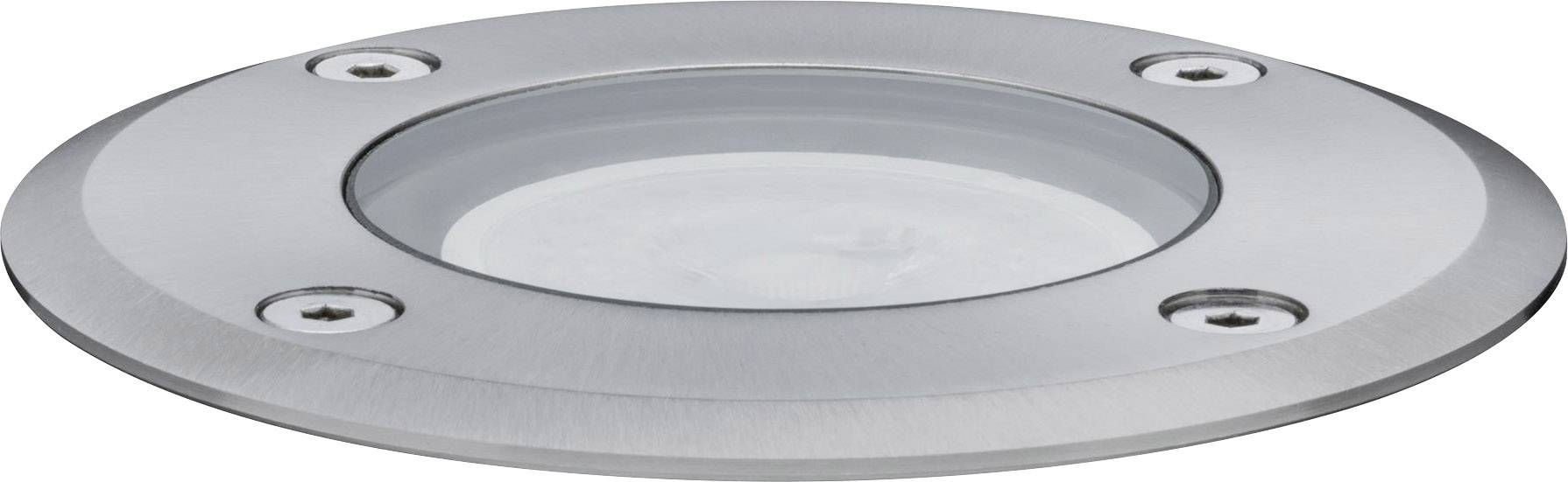 Zemní svítidlo z nerezové oceli s kruhovým tvarem, se čtyřmi viditelnými upevňovacími šrouby.
