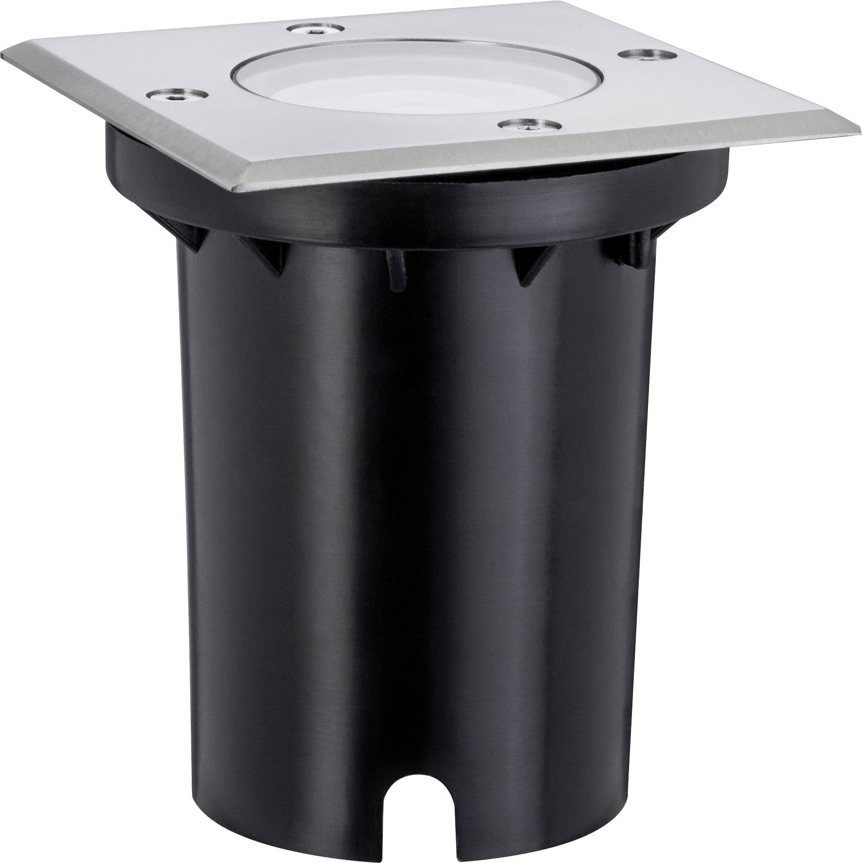 Čtvercový zemní LED reflektor s rámem z nerezové oceli a skleněným krytem, vhodný pro venkovní osvětlení.