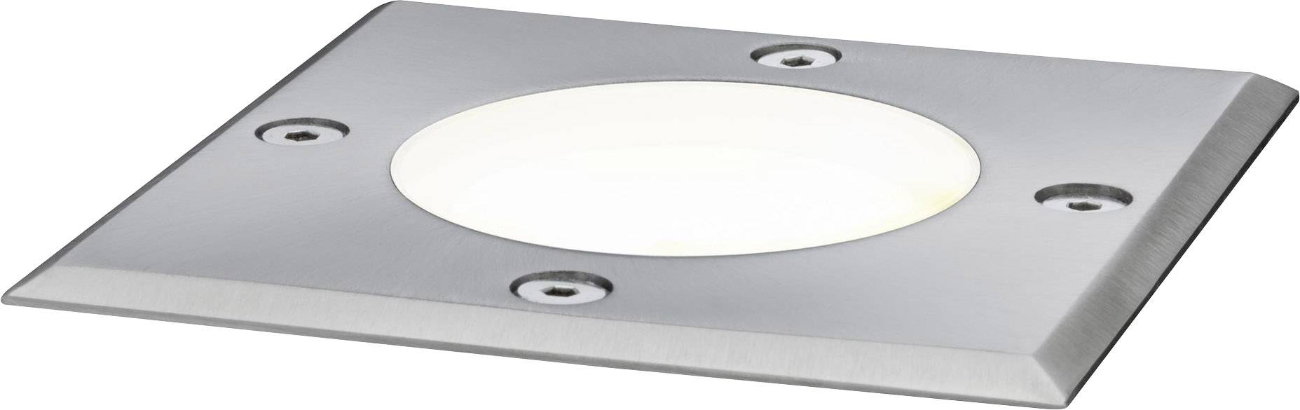 Čtvercové LED zemní svítidlo z nerezové oceli, ploché a hranaté, se čtyřmi viditelnými šrouby v rozích, světlo vyzařuje nahoru.