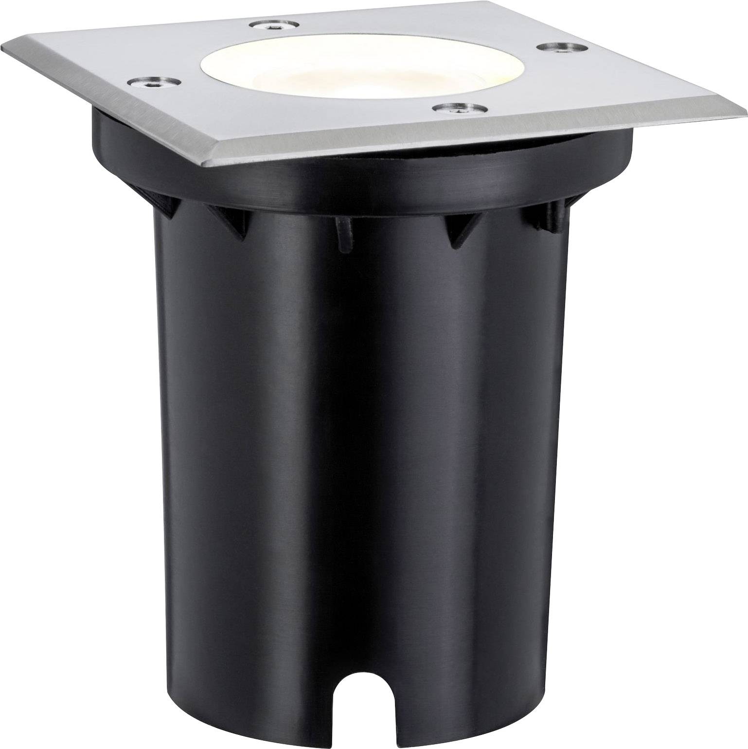 Zemní svítidlo s čtvercovým krytem z nerezové oceli a černým tělem, vhodné pro venkovní osvětlení cest.