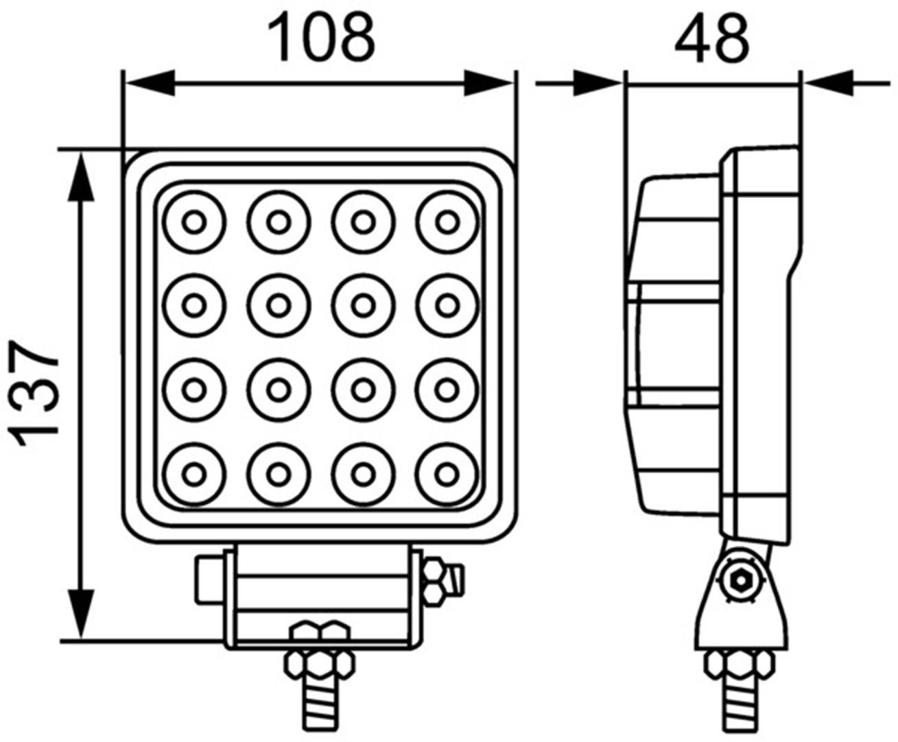 Technický výkres čtvercového LED reflektoru s rozměry: šířka 108 mm, výška 137 mm, hloubka 48 mm.
