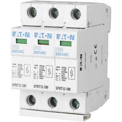 Svodič přepětí EATON pro 280V AC. Tři moduly se zelenými indikátory a technickými specifikacemi na přední straně.