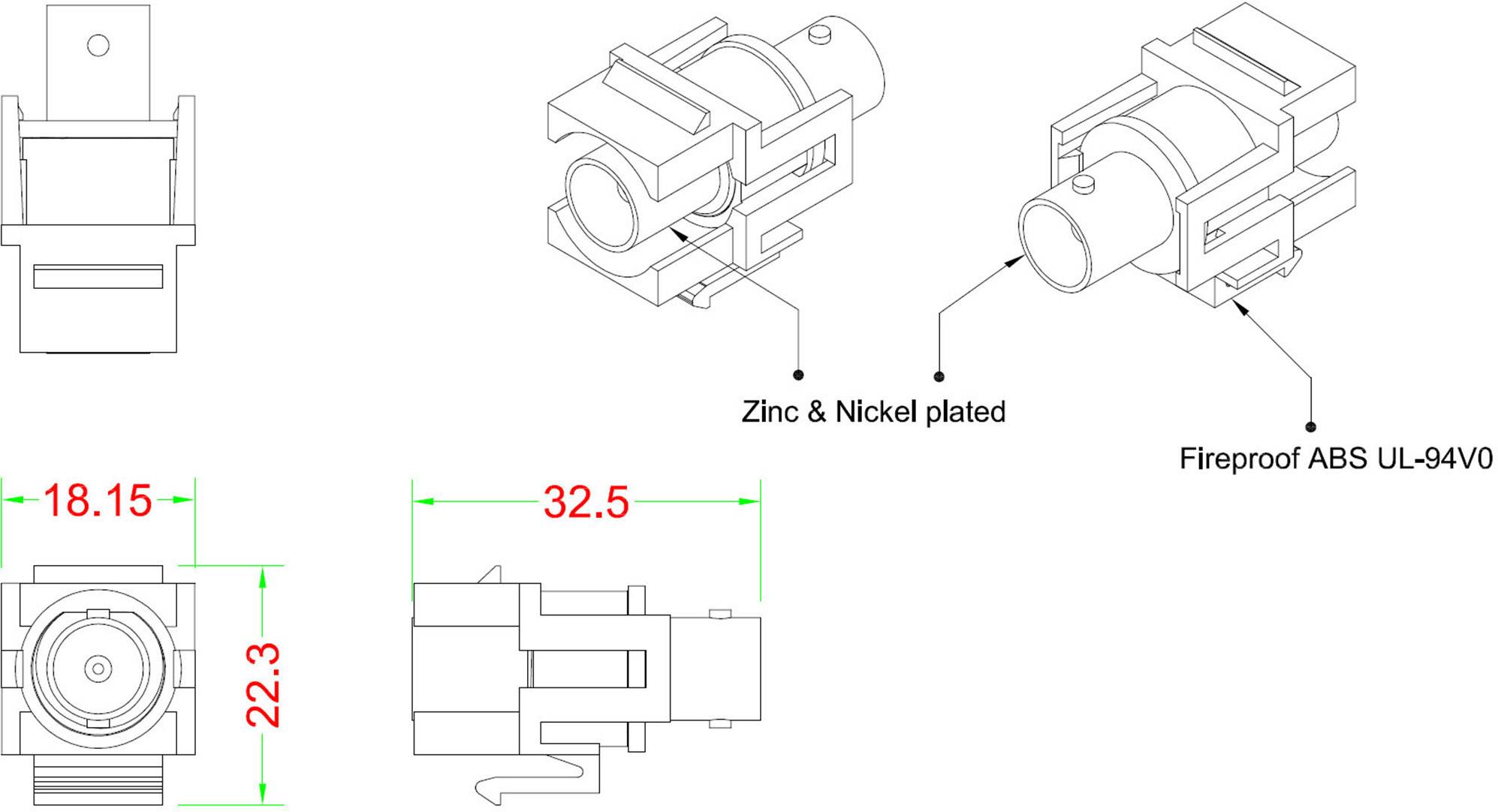 Technický výkres konektoru s rozměry. Materiály: pozinkovaný a pochromovaný, nehořlavý ABS UL-94V0.