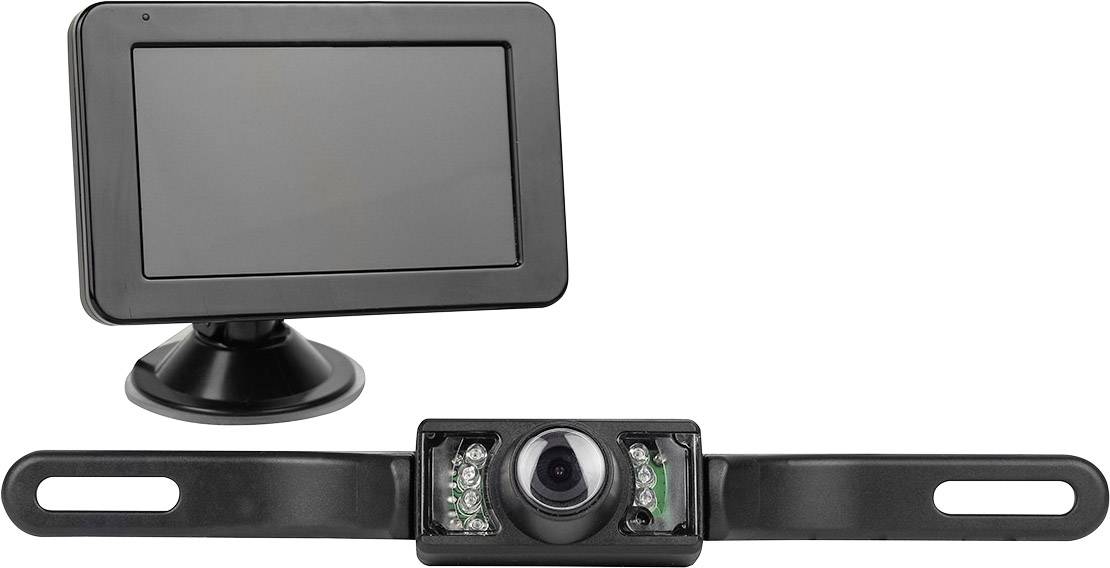 Sada zpětné kamery s monitorem. Monitor má širokou obrazovku. Kamera je malá, černá a připevnitelná.