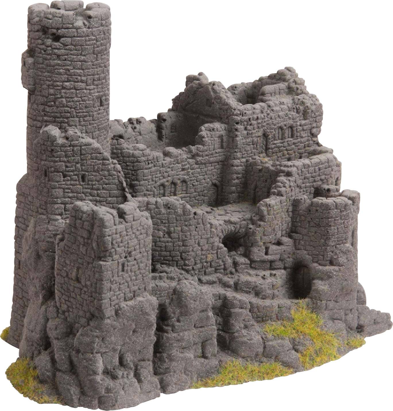 Šedá miniatura středověké zříceniny hradu s kulatou věží a rozpadajícími se zdmi, místy porostlými mechem.