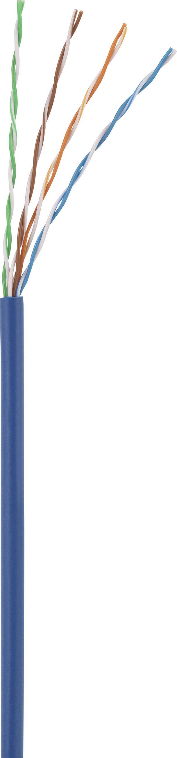 Čtyři zkroucené vodiče modrého síťového kabelu, v barvách oranžová, modrá, zelená a hnědá, typické pro ethernetové zapojení.