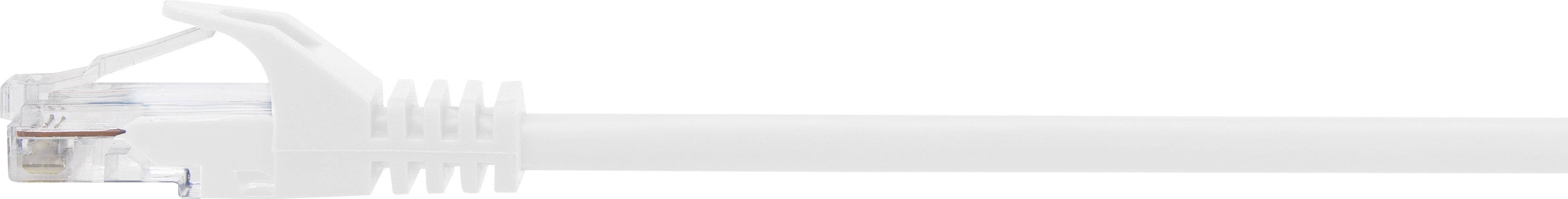 Bílý ethernetový kabel s konektorem RJ45 používaný pro síťová připojení. Kabel je zobrazen na bílém pozadí.