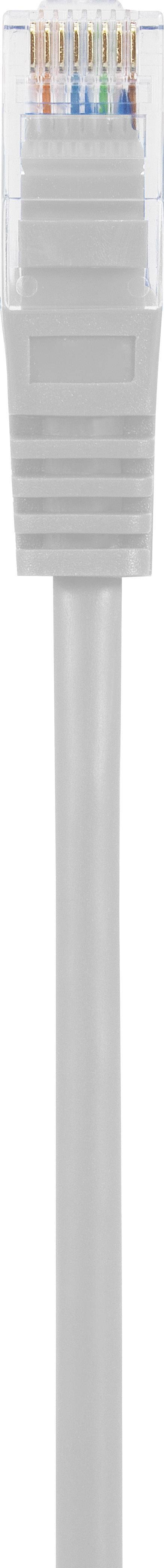 Šedý ethernetový kabel s průhlednou RJ45 koncovkou.