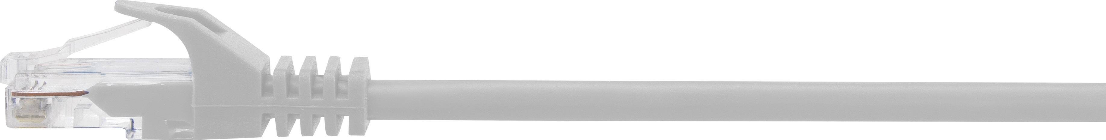 Šedý ethernetový kabel s konektorem RJ45, používaný k vytváření síťových připojení v počítačových sítích.