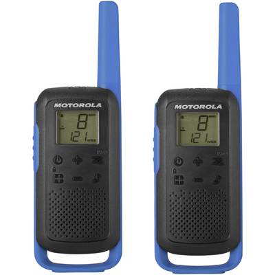 Dva černé a modré Motorola vysílačky s displeji, tlačítky a anténami, určené ke komunikaci pomocí rádiového signálu.