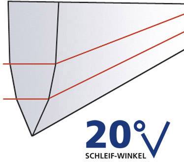 Boční pohled na ostří nože se střížním úhlem 20°.