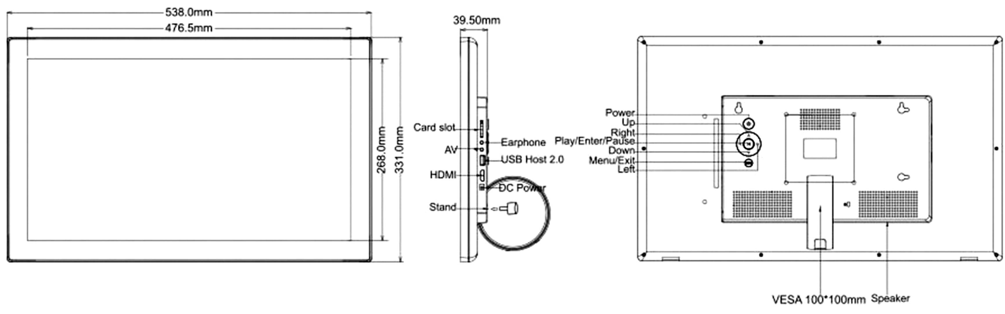 neznámé zařízení s rozměry: šířka 476,5 mm, výška 301 mm; konektory: HDMI, USB, čtečka karet; obsahuje VESA držák 100x100 mm.