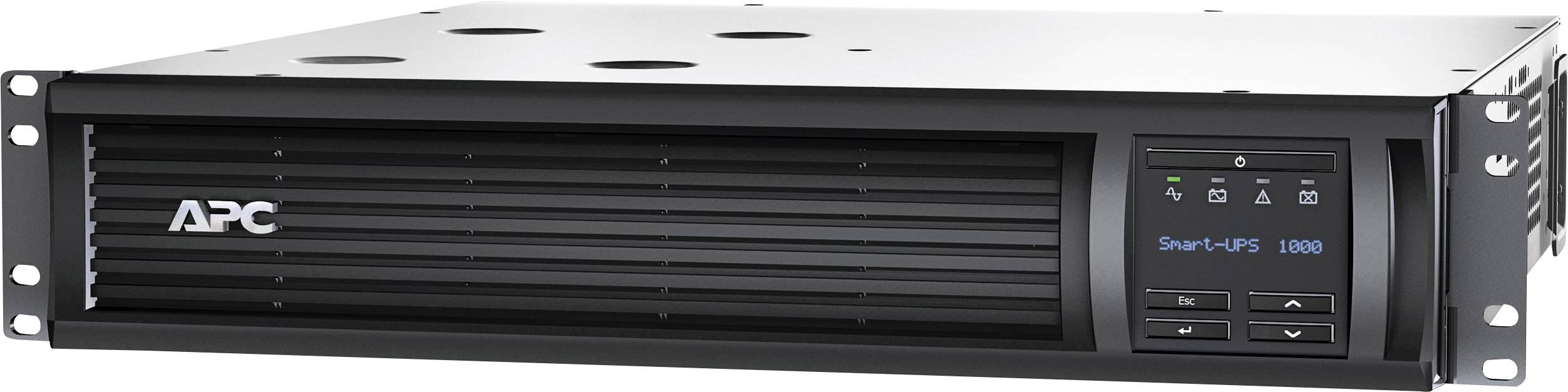 Nepřerušitelný zdroj napájení (UPS) značky APC, model Smart-UPS 1000. Zařízení v rackovém provedení, výkonový ukazatel viditelný.