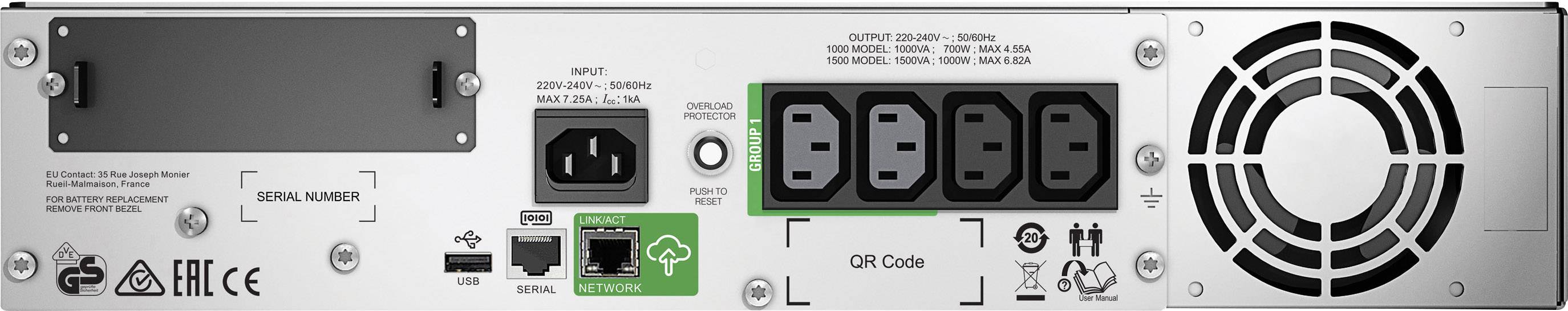 Zadní strana elektronického zařízení s napájecím vstupem, ventilátorem, 12V konektory, ethernetovým portem a QR kódem pro síťové nastavení.