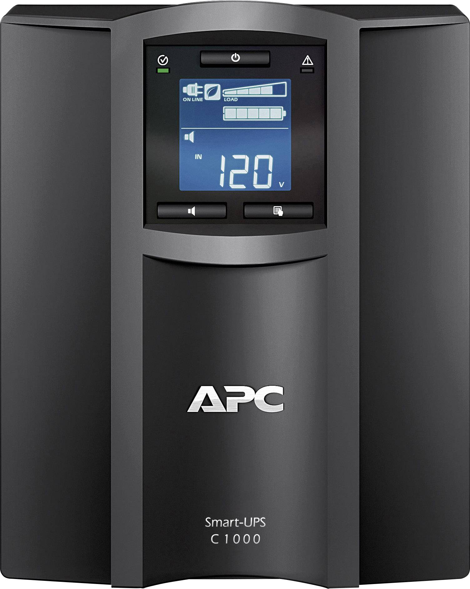Černá APC Smart-UPS C1000 s digitálním displejem, zobrazuje 'IN 120V'. Zařízení pro nepřerušovanou dodávku elektřiny do kanceláří.