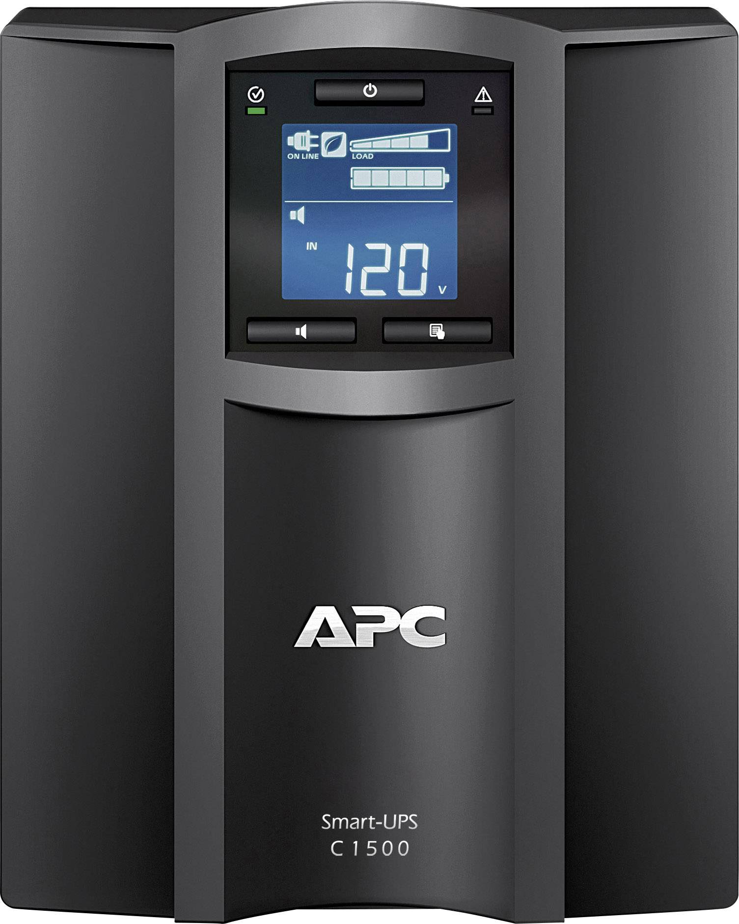 Nepřerušovaný zdroj napájení (UPS) od APC, model Smart-UPS C1500, s LCD displejem zobrazujícím 120 voltů.