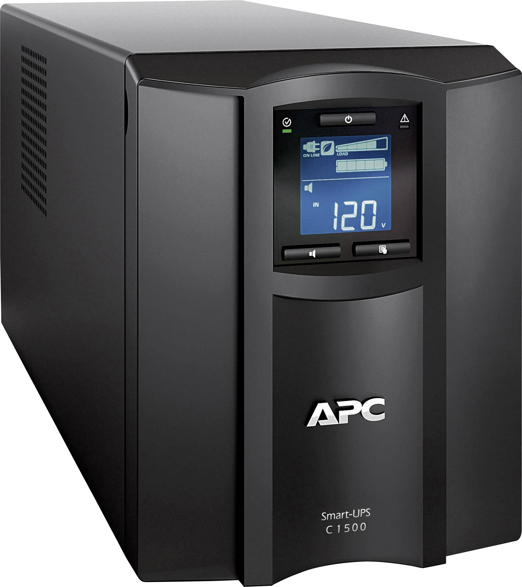 Černá nepřerušitelná napájecí jednotka (UPS) od společnosti APC, model Smart-UPS C1500, zobrazuje na displeji napětí 120 V.