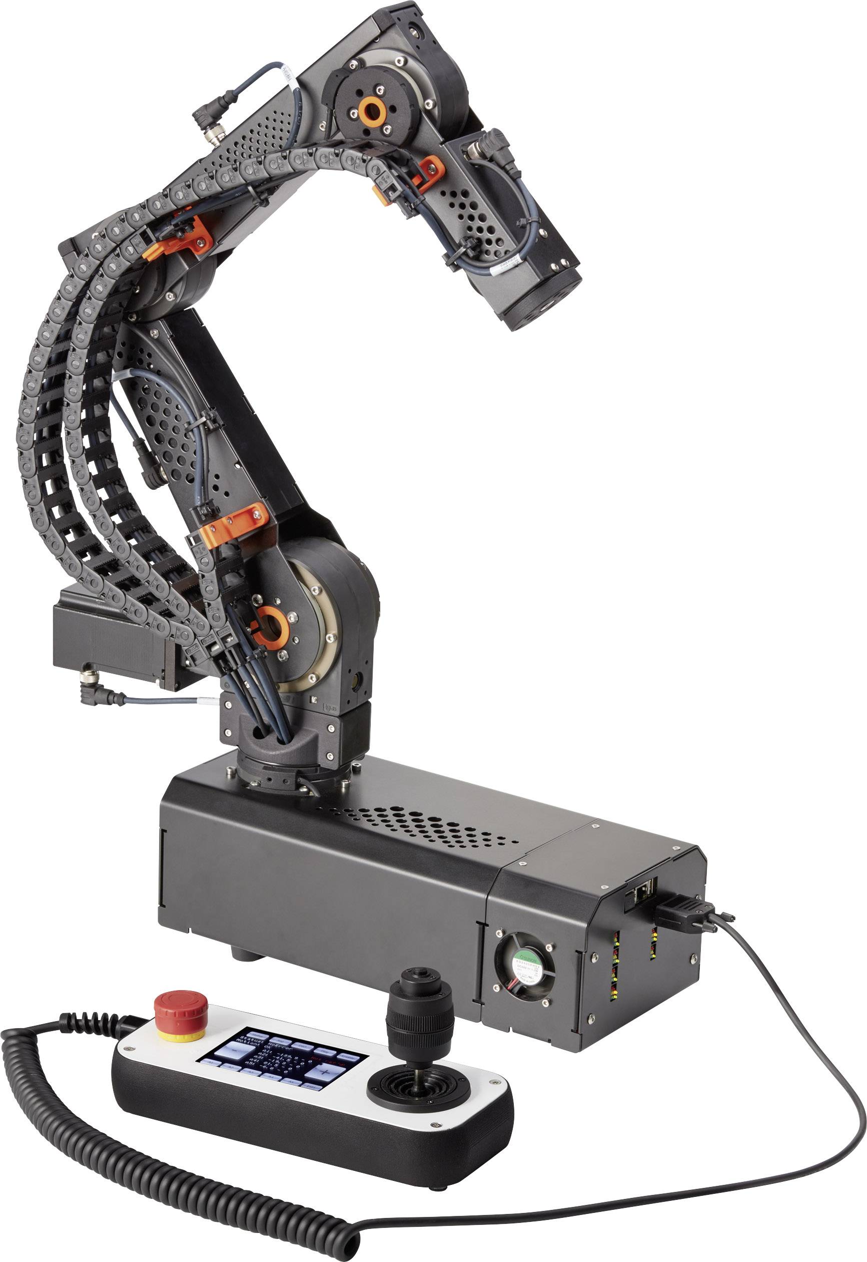 Průmyslové robotické rameno s několika klouby, propojené ovládací jednotkou s joystickem a nouzovým vypínačem.