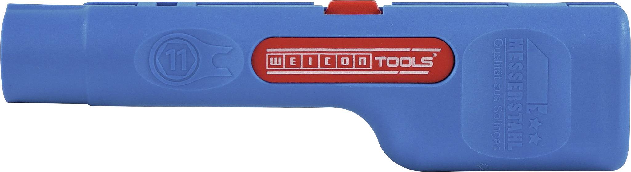 Modrý odstraňovač plášťů kabelů od Weicon Tools s červeným posuvníkem, ideální pro odstraňování kabelových izolací.