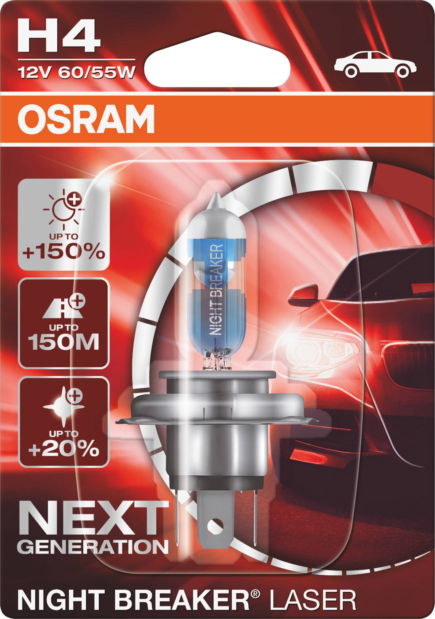 Krabička žárovky s nápisem 'OSRAM', 'NIGHT BREAKER LASER' a 'NEXT GENERATION'. Zobrazuje grafiky znázorňující zlepšení výkonu.