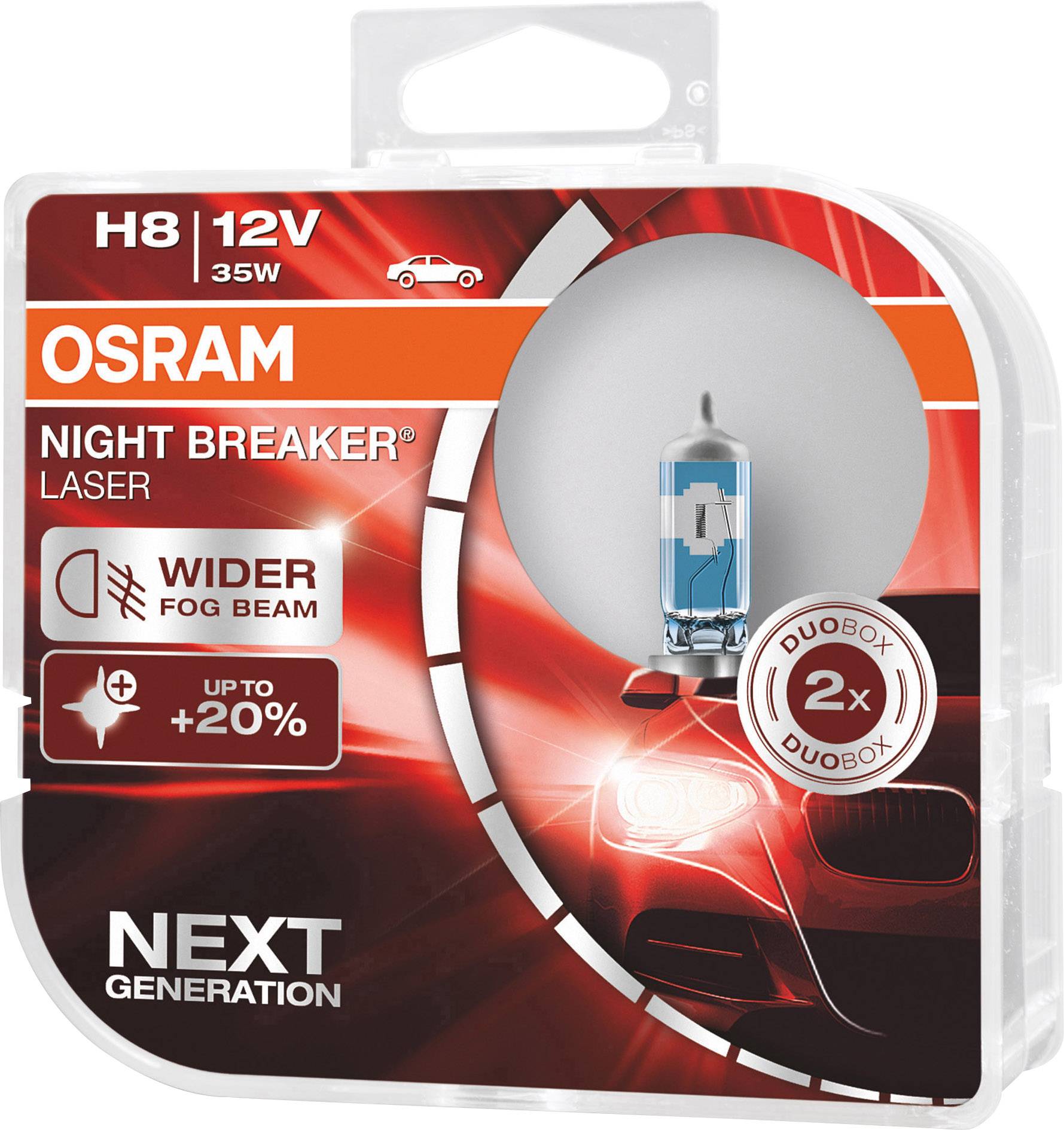 'OSRAM NIGHT BREAKER LASER H8 12V 35W' Autožárovka v balení. Slibuje širší světelný paprsek a až o 20% vyšší svítivost.