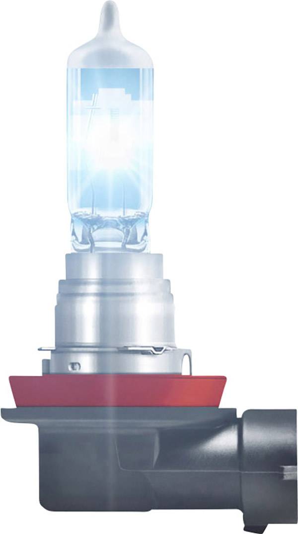 Halogenová lampa s modrým zářením, vhodná pro automobilové světlomety, s červeným podstavcem a černým připojením.