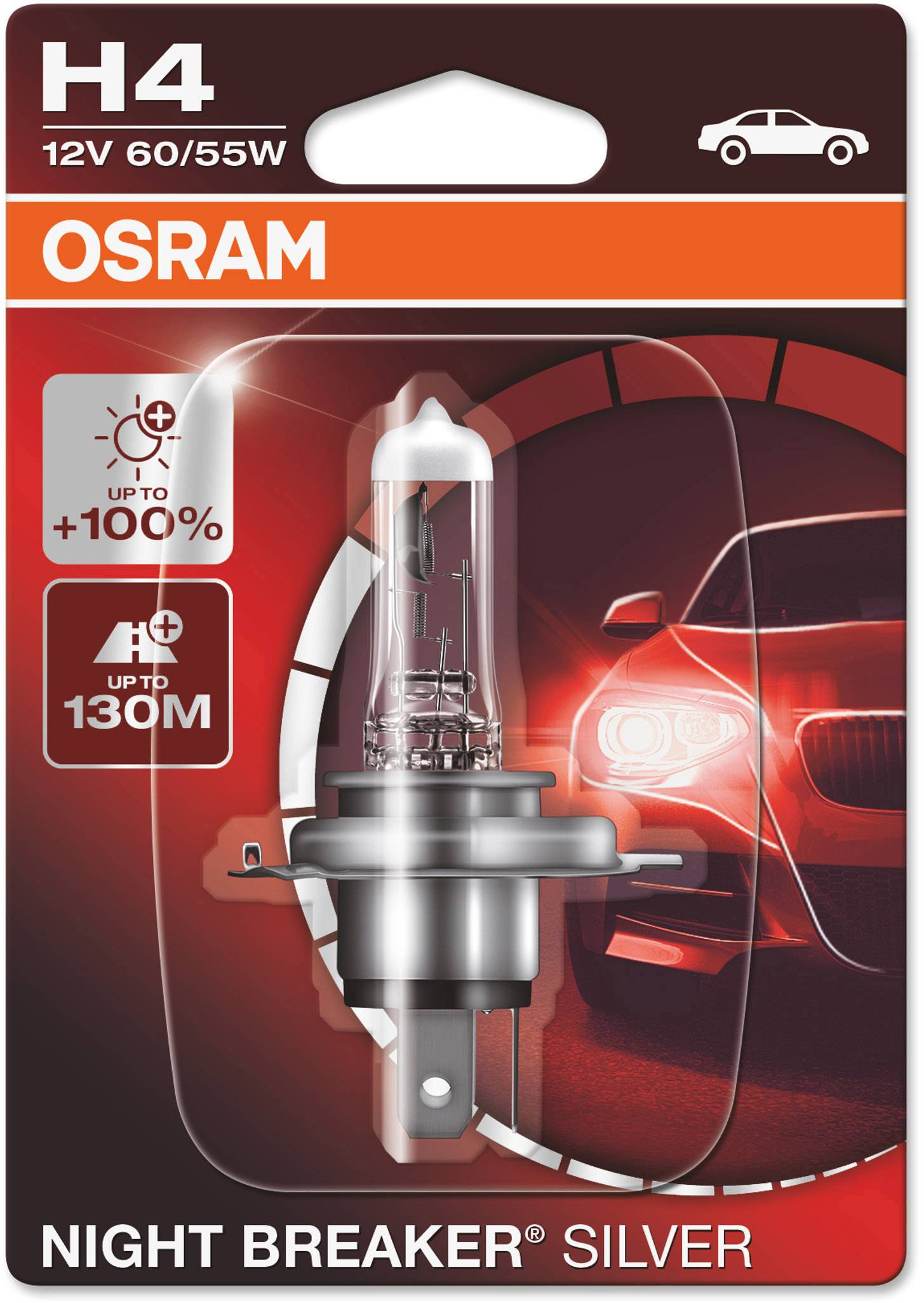 Žárovka v obalu OSRAM, 'Night Breaker Silver'. Údaje: H4, 12V 60/55W, až o 100% více světla, dosah až 130m. Obrázek automobilového světlometu.