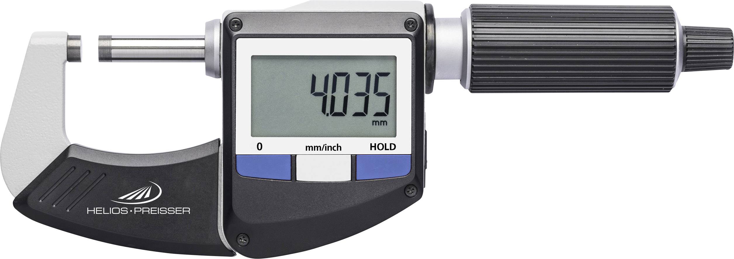 Digitální mikrometr s displejem '40,35 mm'. Nástroj pro přesné měření délek nebo průměrů v průmyslových aplikacích.