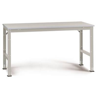 Nastavitelný obdélníkový pracovní stůl z kovu s hladkou, světlou pracovní deskou. Vhodný do dílen nebo kanceláří.