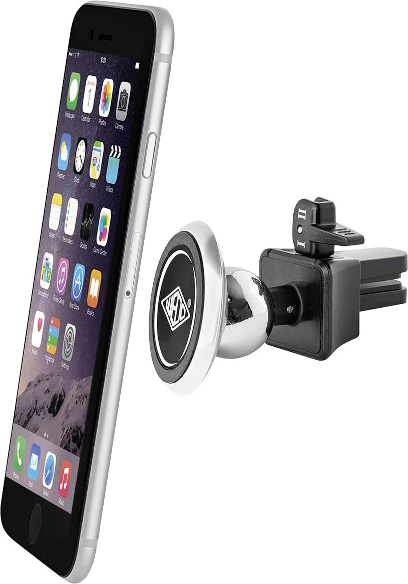 Držák smartphonu do auta s magnetickým upevněním na ventilační mřížku, zobrazující smartphone připevněný v profilem.