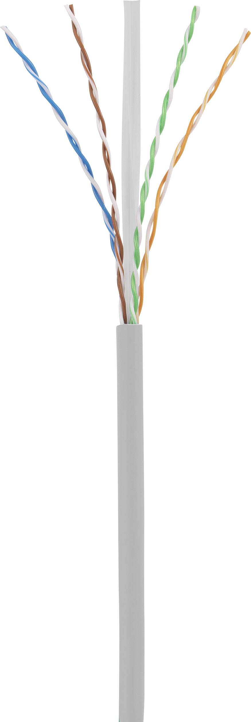 Šedý kabel se čtyřmi páry vzájemně zkroucených vodičů v modré, oranžové, zelené a hnědé barvě, viditelný bez izolace.